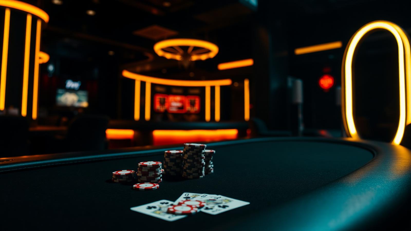 Mesa de casino sin verificacion iluminada con neones amarillos