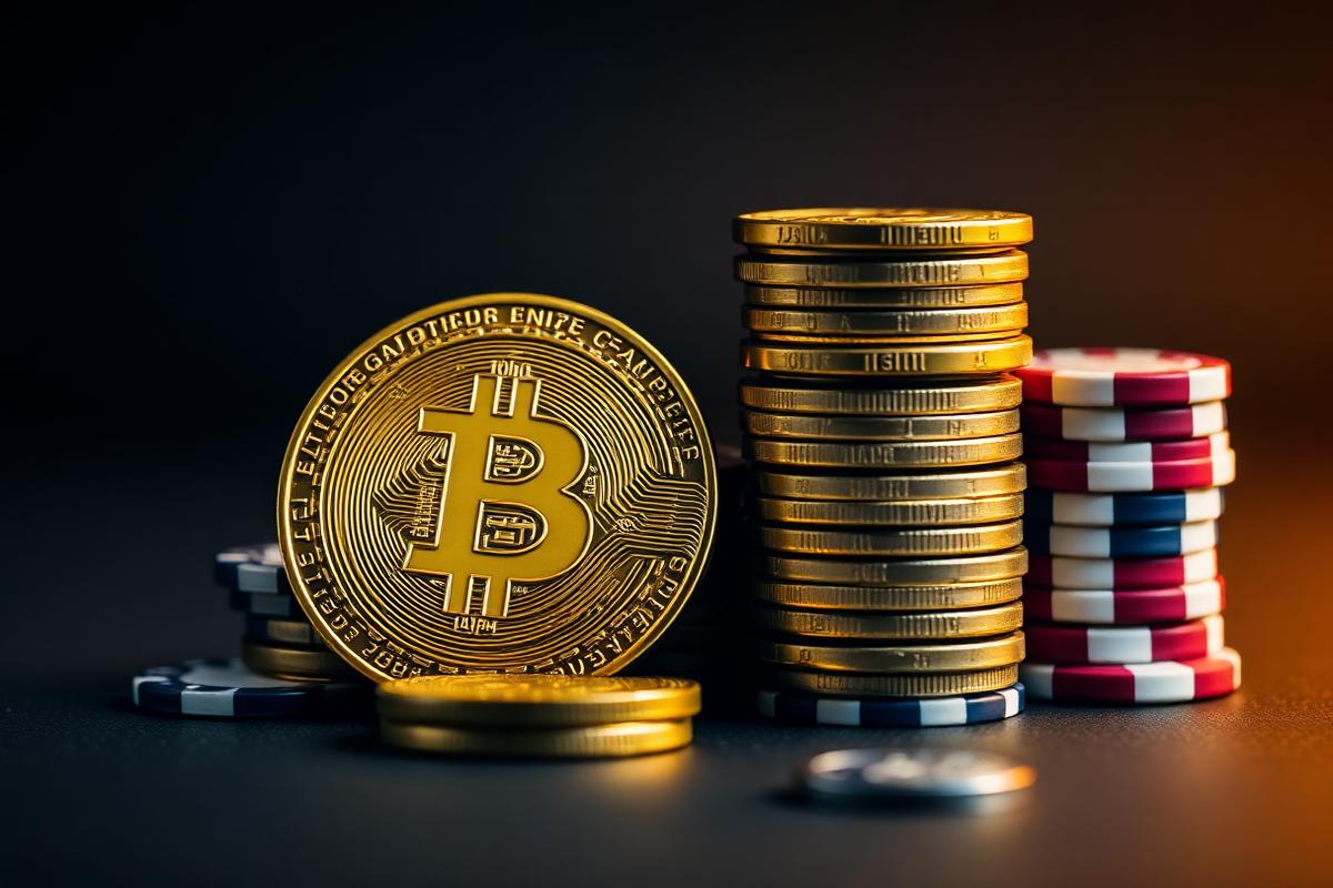 Bitcoin y fichas de casino sobre fondo oscuro, pagos cripto sin verificacion